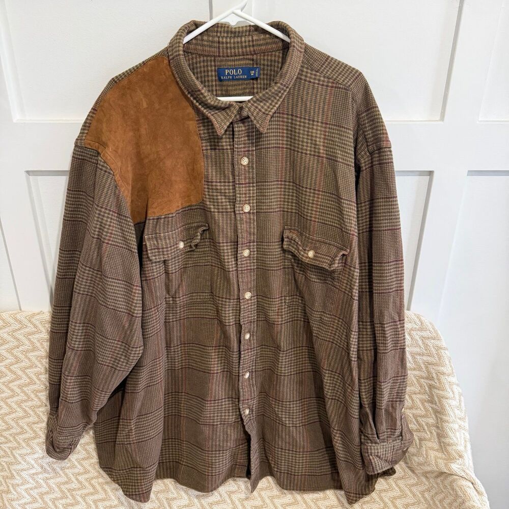 Vintage Polo Ralph Lauren Plaid Shooting Shirt Suede Shoulder Patch Brown 5X